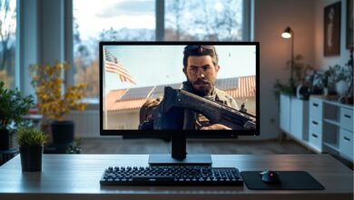Um monitor em uma mesa exibe um personagem do Battlefield 6 segurando um rifle. Uma bandeira americana é visível na cena