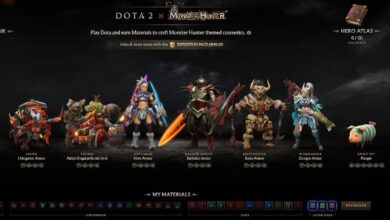 Uma imagem promocional para um "Dota 2 x Caçador de Monstros" colaboração. Apresentando seis personagens do jogo em armaduras elaboradas e temáticas baseadas em Monster Hunter