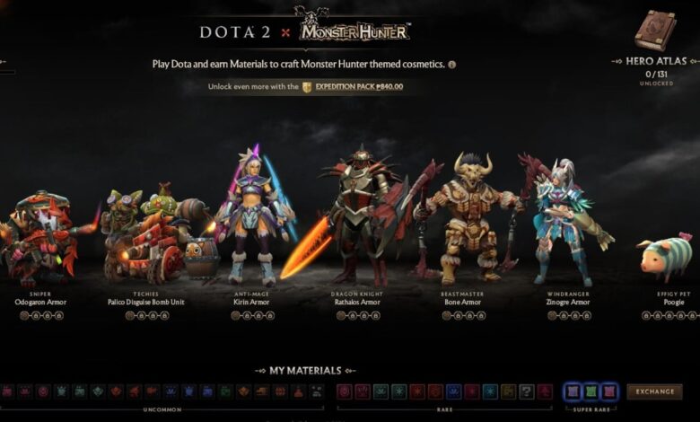 Uma imagem promocional para um "Dota 2 x Caçador de Monstros" colaboração. Apresentando seis personagens do jogo em armaduras elaboradas e temáticas baseadas em Monster Hunter