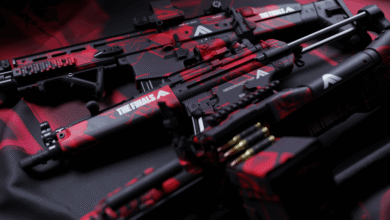 Gráfico promocional de skins de armas vermelhas no jogo das Finais