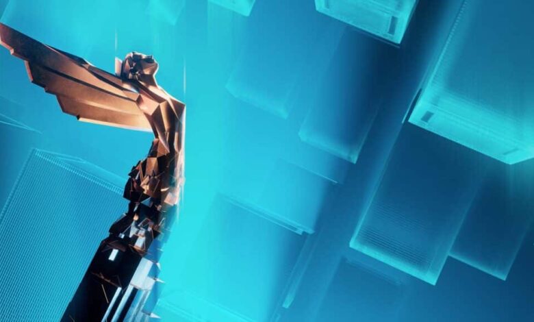 Imagem da estátua dourada do The Game Awards em um fundo azul claro de quadrados movendo-se em direção à parte inferior