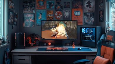 Uma configuração de jogo com um monitor grande exibindo a cena do Apex Legends