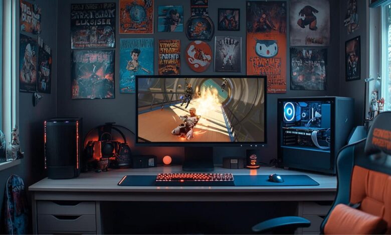 Uma configuração de jogo com um monitor grande exibindo a cena do Apex Legends