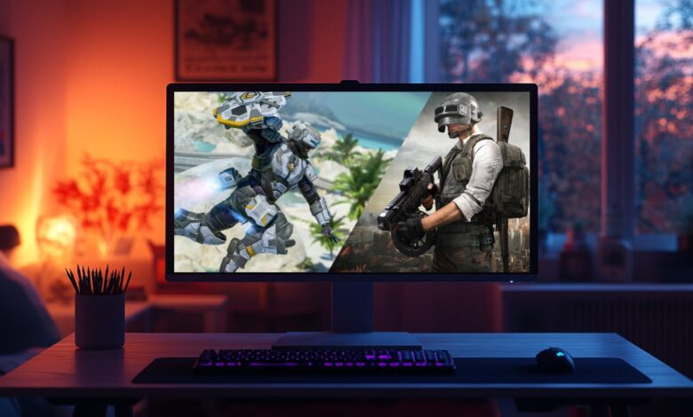 Um monitor de jogos exibe uma tela dividida de dois videogames, como PUBG e Apex Legends