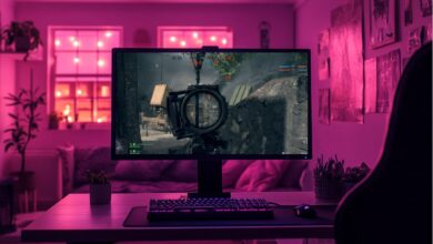 Uma configuração de jogo com um monitor grande exibindo a jogabilidade do Battlefield 6