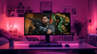 Uma configuração de jogo apresenta um monitor mostrando um personagem BO7 apontando uma arma