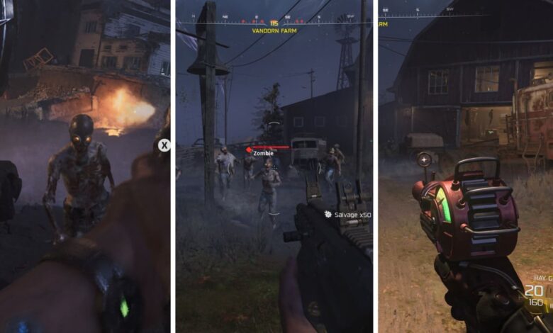 Imagem de três painéis do jogo Call of Duty Black Ops 7 Zombies