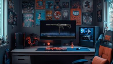 Uma configuração de jogo com um monitor grande exibindo uma arma do Black Ops 7