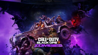 Imagem promocional para "Call of Duty Black Ops 7: Zumbis" apresenta soldados em um veículo cercado por zumbis, criando uma cena intensa e caótica