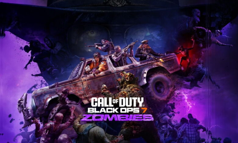 Imagem promocional para "Call of Duty Black Ops 7: Zumbis" apresenta soldados em um veículo cercado por zumbis, criando uma cena intensa e caótica