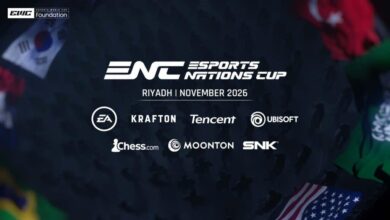 Imagem dos logotipos da Esports Nations Cup acima dos logotipos menores do Chess.com, SNK e MOONTON Games
