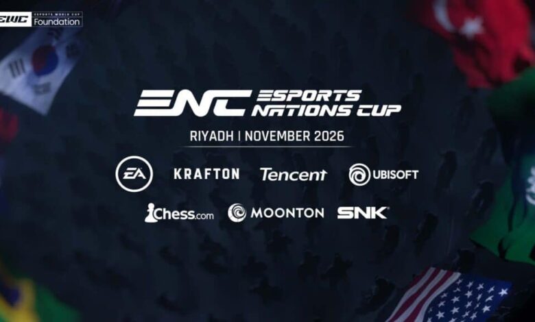 Imagem dos logotipos da Esports Nations Cup acima dos logotipos menores do Chess.com, SNK e MOONTON Games