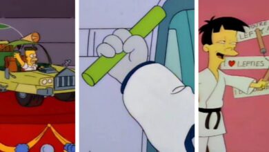 A imagem é uma colagem de três frames da série animada Os Simpsons relacionados à “haste de carbono inerte”