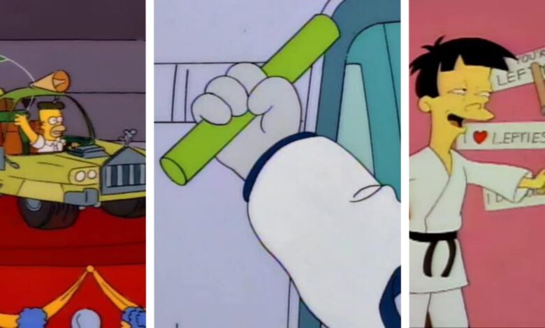A imagem é uma colagem de três frames da série animada Os Simpsons relacionados à “haste de carbono inerte”