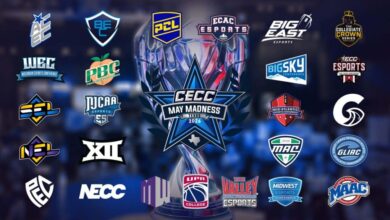 Imagem do logotipo do CECC May Madness 2026 cercado por logotipos de equipes universitárias de esportes eletrônicos de todos os Estados Unidos