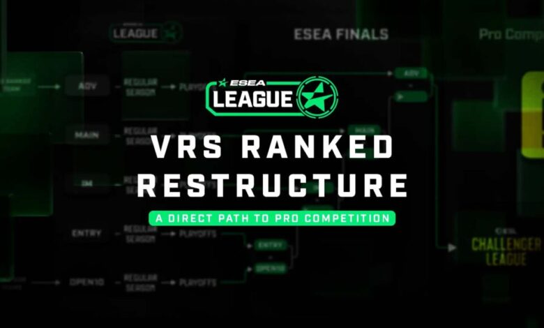 Imagem do logotipo da ESEA League sob texto branco e verde em um fundo de suporte de torneio de esportes eletrônicos