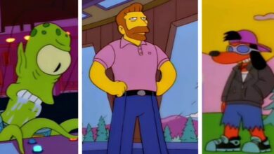 Uma imagem de três painéis de "Os Simpsons" mostra: um alienígena de pele verde; um homem de camisa rosa posando com confiança; um cachorro de desenho animado usando chapéu e óculos escuros
