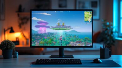 Um monitor de computador em uma mesa exibe a cena do jogo Fortnite x Simpsons com uma pessoa voando em direção a um OVNI sobre uma paisagem