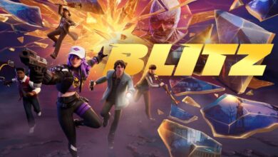 Arte de Fortnite mostrando personagens dinâmicos correndo em direção ao espectador. A palavra "BLITZ" é exibido com destaque em meio a vidros quebrados e explosões vívidas
