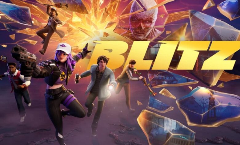 Arte de Fortnite mostrando personagens dinâmicos correndo em direção ao espectador. A palavra "BLITZ" é exibido com destaque em meio a vidros quebrados e explosões vívidas