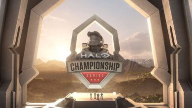 Um palco futurista com um grande "Série do Campeonato Halo" logotipo com um capacete, contra uma paisagem montanhosa ao nascer do sol