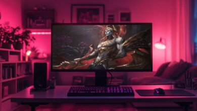 Um monitor de computador mostra Zaahen em armadura, situado em uma sala mal iluminada com iluminação rosa