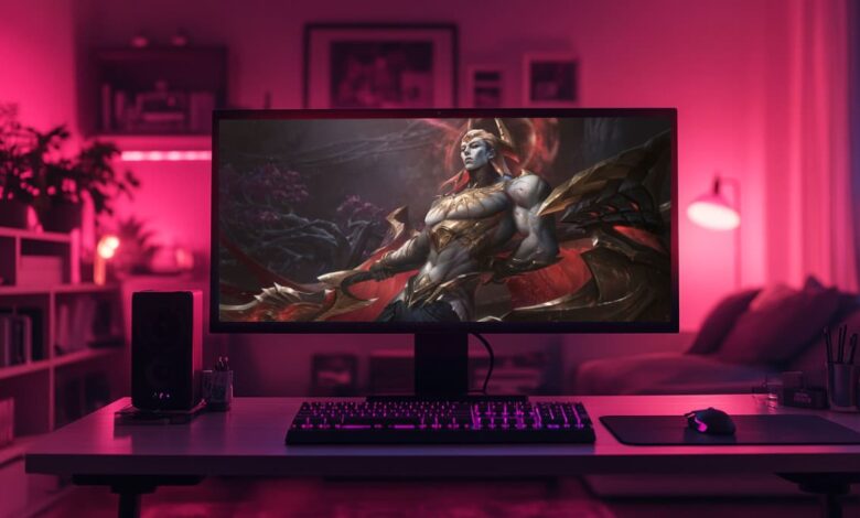 Um monitor de computador mostra Zaahen em armadura, situado em uma sala mal iluminada com iluminação rosa