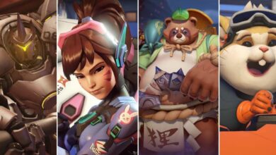 Uma colagem com personagens de Overwatch