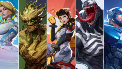 Emma Frost, Peni Parker, Groot, Venom e Capitão América em uma colagem mista