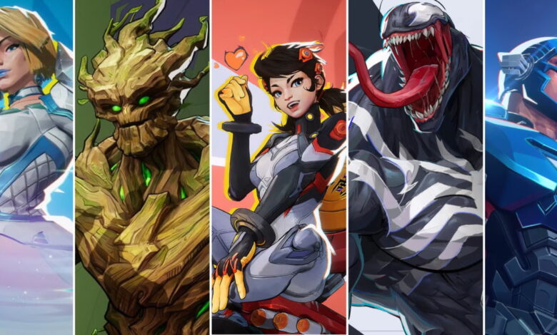 Emma Frost, Peni Parker, Groot, Venom e Capitão América em uma colagem mista