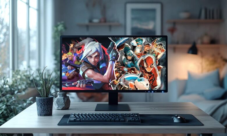 Um monitor de computador em uma mesa moderna exibe uma imagem dividida dos personagens de VALORANT e Marvel Rivals
