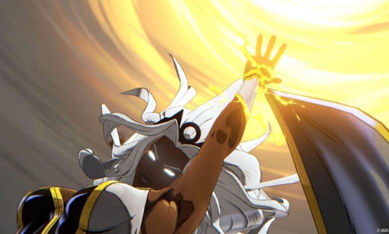 Tempestade canaliza raios do céu em uma animação dramática durante seu ataque final em Marvel Tōkon Fighting Souls