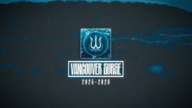 Imagem do logotipo do Vancouver Surge abaixo de uma caixa de texto branco em um fundo escuro