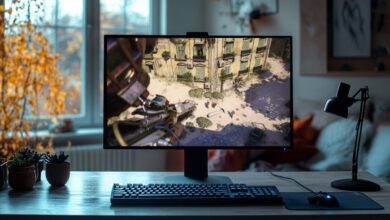 Um escritório doméstico aconchegante com um grande monitor exibindo a cena do jogo Arc Raiders