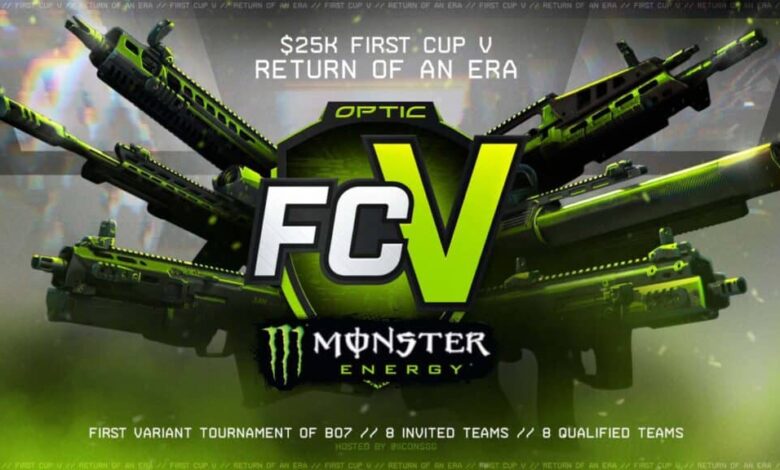 Imagem do logotipo do FCV acima do logotipo da Monster Energy em um fundo preto e verde das armas do Call of Duty