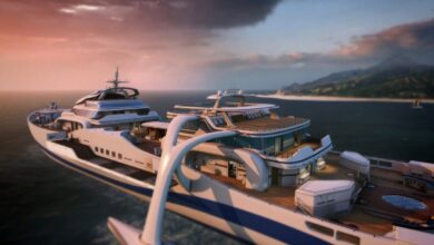 Um luxuoso iate navegando em um mar calmo sob um dramático pôr do sol no Black Ops 7