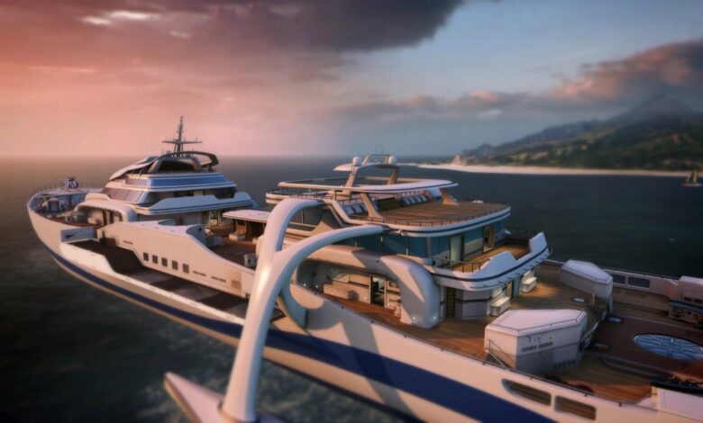 Um luxuoso iate navegando em um mar calmo sob um dramático pôr do sol no Black Ops 7