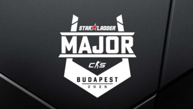 Imagem do logotipo branco do StarLadder Budapest Major 2025 em um fundo preto