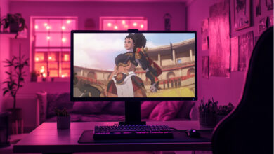 Um monitor de desktop exibe personagem de Overwatch 2 chamado Vendetta