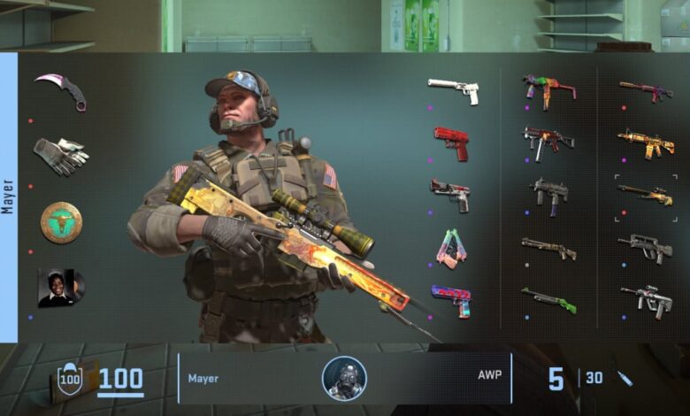 Uma imagem de um modelo de personagem do videogame Counter-Strike 2 segurando um AWP | Pele de rifle de atirador Dragon Lore