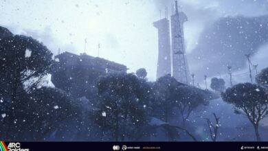 A neve cai suavemente em uma paisagem de inverno com árvores sem folhas, um grande edifício e duas altas torres de comunicação, criando uma atmosfera serena e fria em Arc Raiders