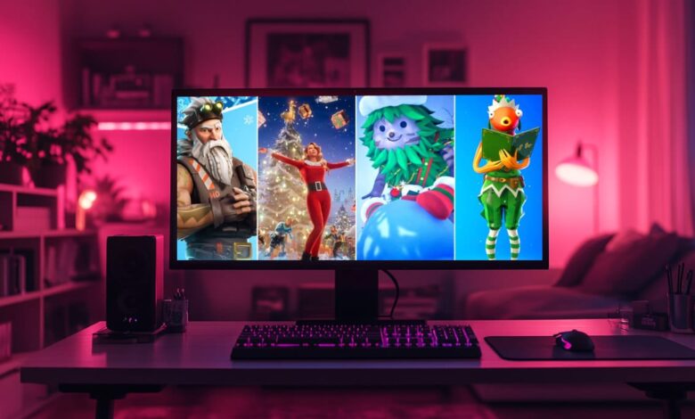 Uma tela de computador em uma sala mal iluminada exibe personagens vibrantes do Fortnite com tema natalino
