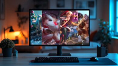 Um grande monitor de computador exibe personagens LoL em skins de Natal