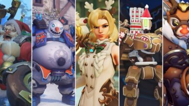 Uma colagem mista com personagens de Overwatch em skins de Natal