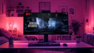 Uma configuração de jogo elegante em uma sala mal iluminada apresenta um grande monitor exibindo o evento por tempo limitado da Ofensiva de Inverno