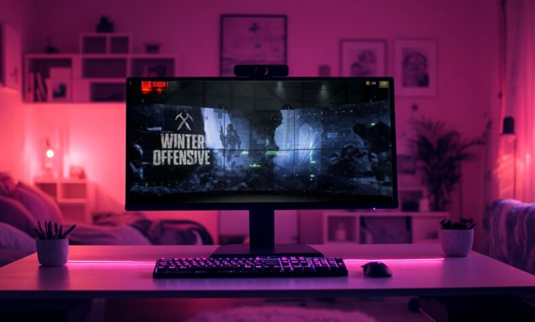 Uma configuração de jogo elegante em uma sala mal iluminada apresenta um grande monitor exibindo o evento por tempo limitado da Ofensiva de Inverno