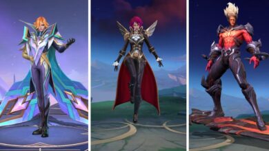 A captura de tela do jogo Mobile Legends: Bang Bang mostra três personagens. À esquerda está Xavier em um terno branco e roxo com uma capa turquesa esvoaçante. No centro está Eudora em sua forma de “Condessa Scarlet”, vestida com um terno preto e vermelho de gola alta e capa vermelha. À direita está Gord com cabelo laranja brilhante