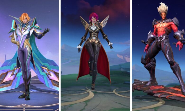 A captura de tela do jogo Mobile Legends: Bang Bang mostra três personagens. À esquerda está Xavier em um terno branco e roxo com uma capa turquesa esvoaçante. No centro está Eudora em sua forma de “Condessa Scarlet”, vestida com um terno preto e vermelho de gola alta e capa vermelha. À direita está Gord com cabelo laranja brilhante