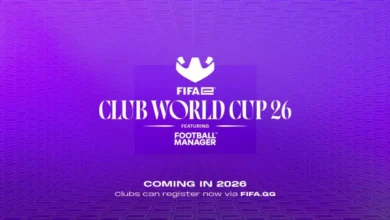 FIFAe World Cup 26 com gráfico de anúncio da competição de treinadores de futebol com fundo roxo