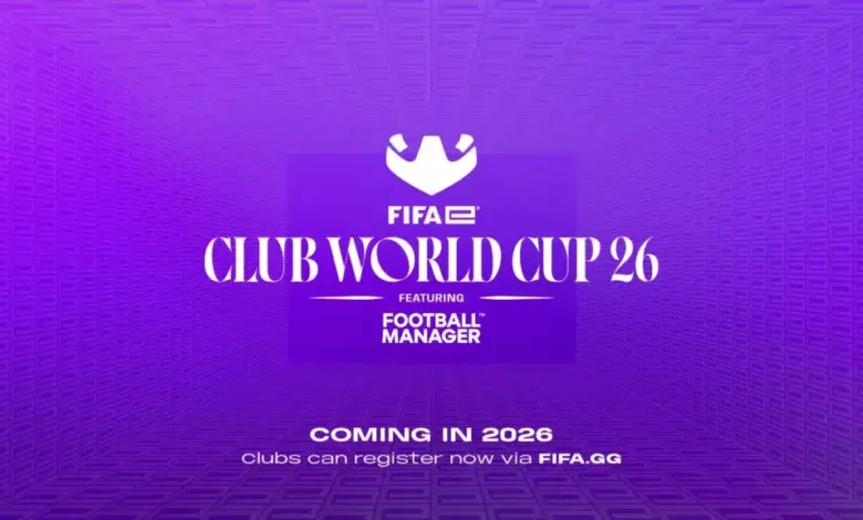 FIFAe World Cup 26 com gráfico de anúncio da competição de treinadores de futebol com fundo roxo
